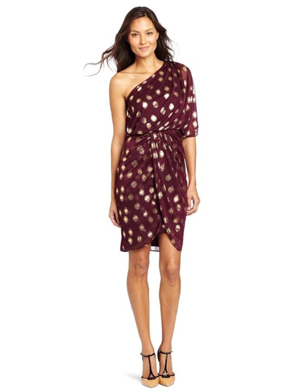 ADRIANNA PAPELL Burgundy Gold Metallic Asymmetrical Cocktail Dress 8
